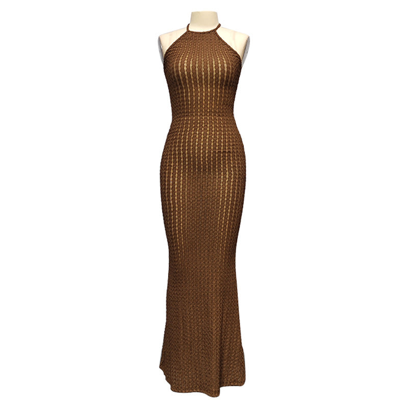 fashionsummernew arrivalknittinghalter sleeveless long dresspure colortightsexybacklessdress women