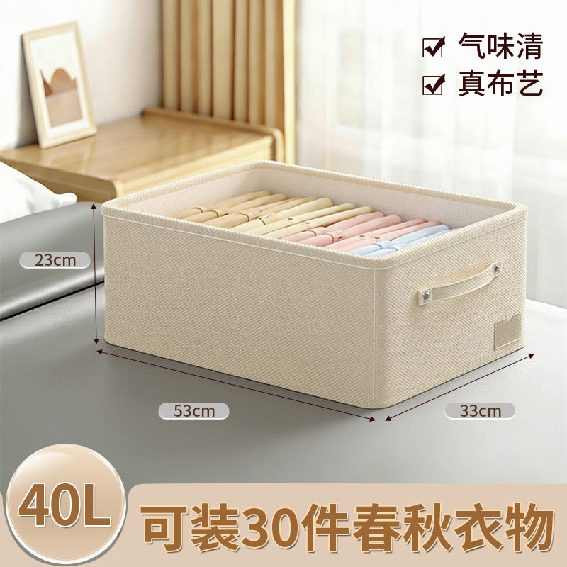 Fabric clothes storage box for wardrobe layering, clothes and pants organizer, cotton linen foldable storage basket for home use