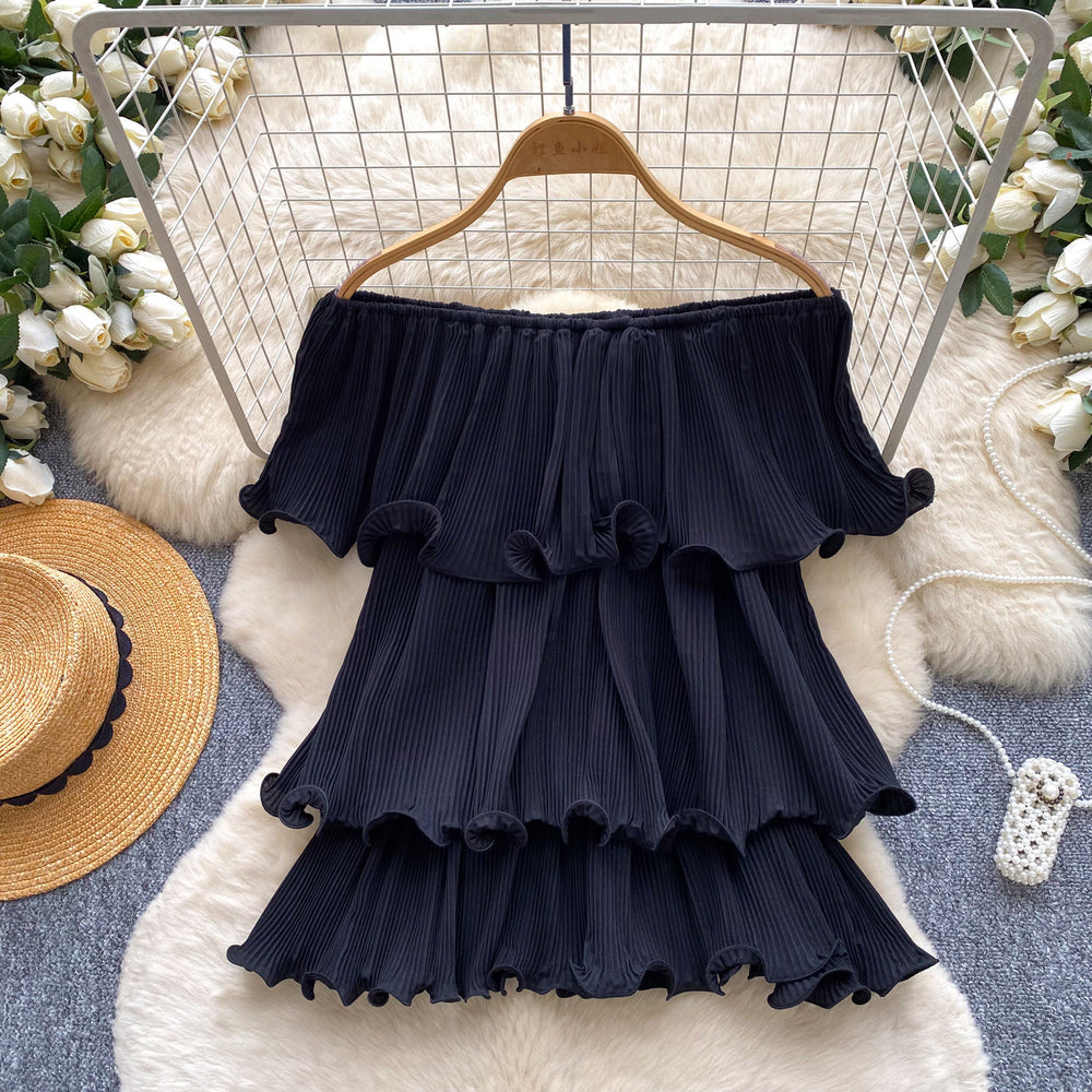 Korean style off-the-shoulder ruffle tiered sleeveless blouse - women's summer rose red layered design commute chic top