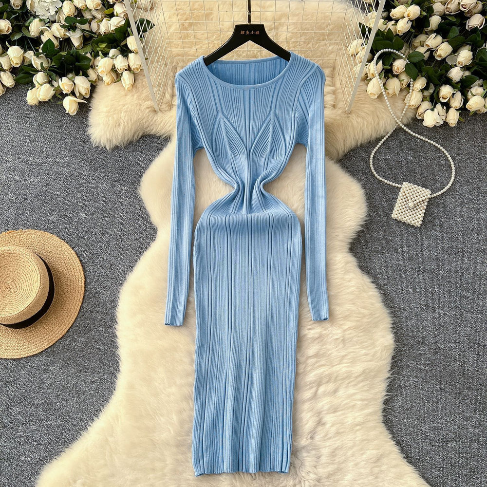 European and american style minimalist sexy ribbed bodycon knit dress - autumn solid color basic skirt - pencil skirt for women