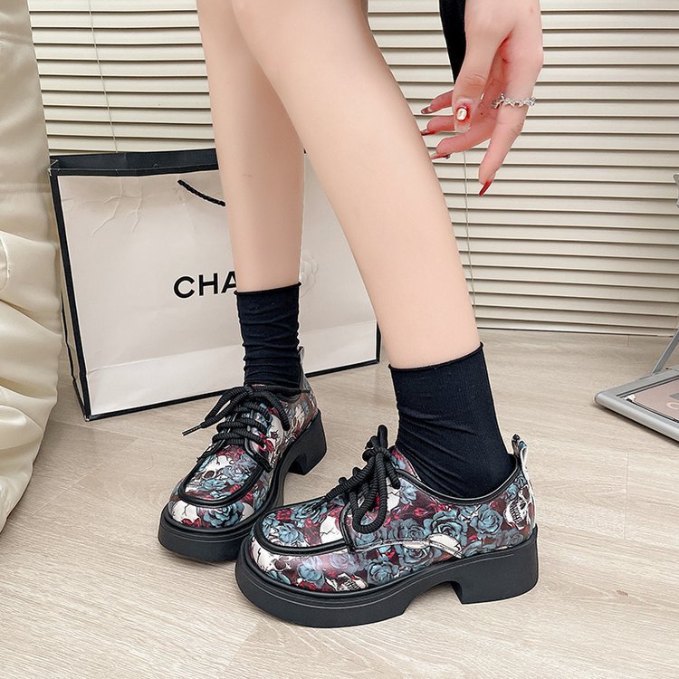 plus size small leather shoes women's british style flatsspring & fallprintingthick sole thick high heel loafersfashion
