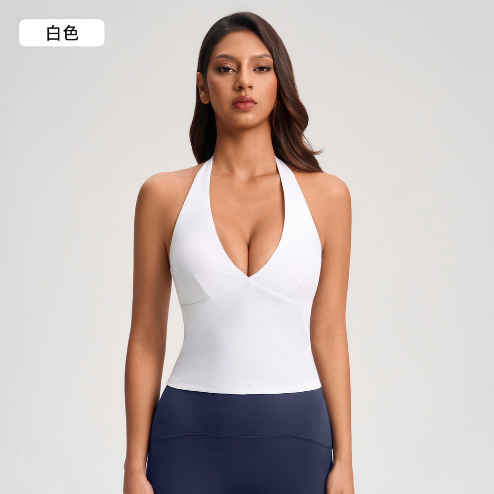 Deep v neckhalter style vest female sexyshortbackless free bra fitness yoga wear topsyg-1006