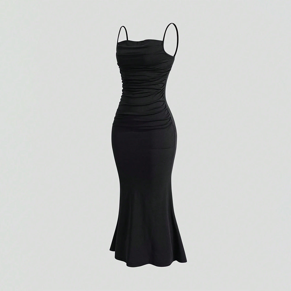 Thin shoulder strap dressspringnew arrivalhigh waisttie back suspender hip-covering mermaid long skirt female socialite dress