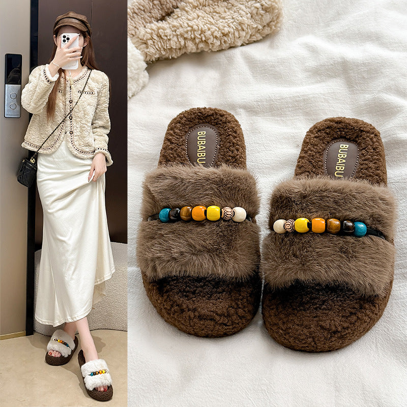 Ethnic style beaded platform fuzzy slippers - women's autumn/winter comfortable non-slip suede thong sandals - lightweight fluffy slippers