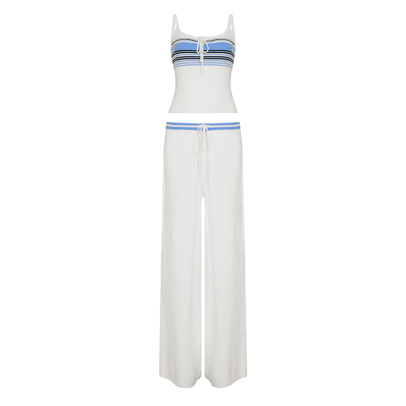 Summer American retro striped casual suit woolen suspender top contrasting color loose lace-up trousers two-piece set women