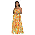C6878 cross-border   fashion women's sexy printed cami pleated wide-leg jumpsuit