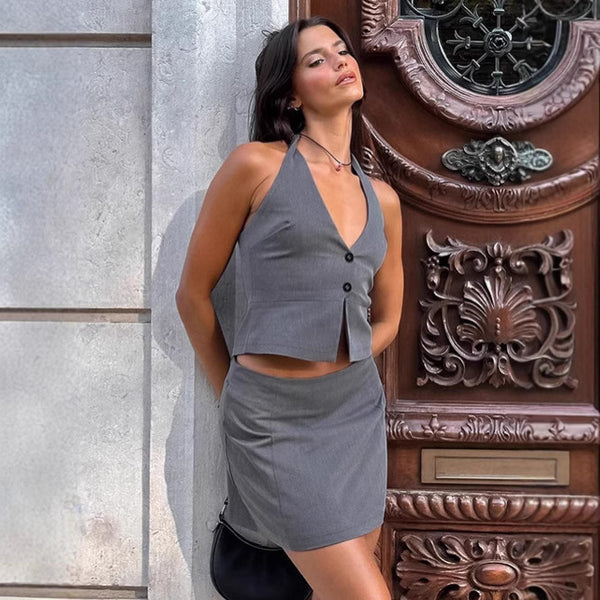 European and American commuter neck gray vest short skirt two-piece set women's 2025 summer professional wear temperament skirt set women's clothing
