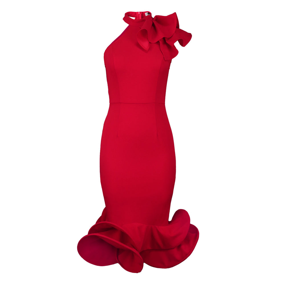 fashionelegance half turtleneck rufflesdress off-shoulder ruffles hem banquet evening dressdresses