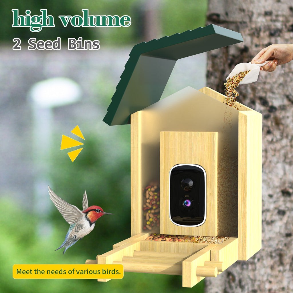 Factory direct sales bamboo and wood intelligent bird feeder AI recognition 5MP pixel camera feeder,   explosion