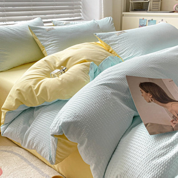 Solid color waffle four-piece wholesale ins polished bed sheet quilt cover Nantong quilt cover bed three-piece bed hat model