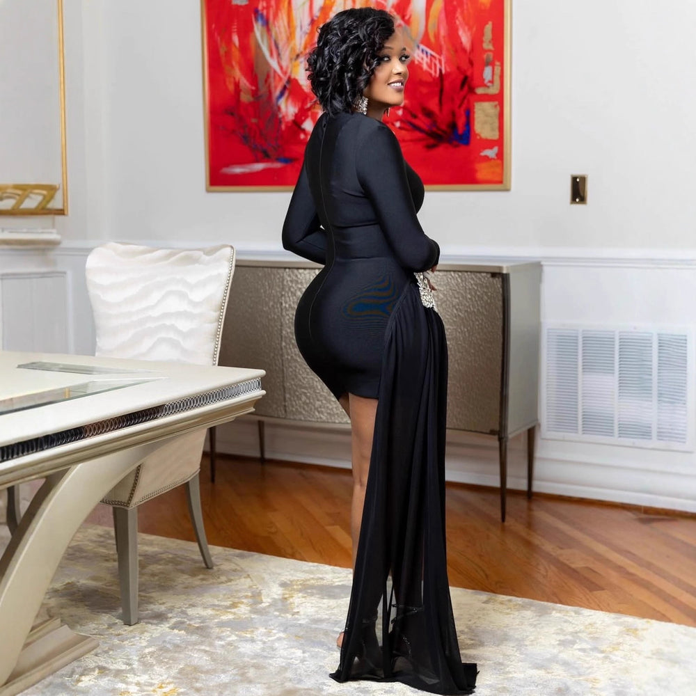 women's black rhinestone floral long sleeve bodycon dress - cocktail club party sexy long sleeve