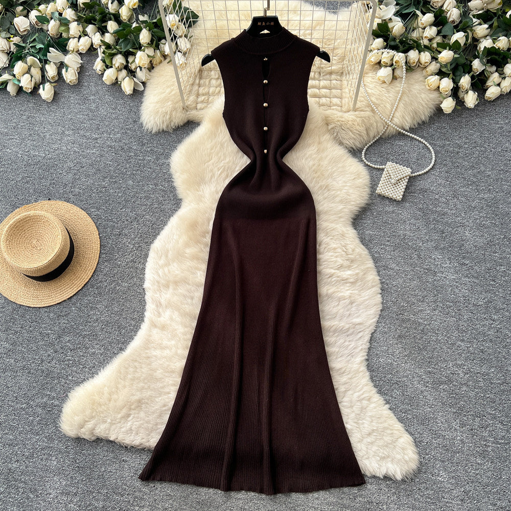 Minimalist sleeveless knit bodycon dress - women's summer high-waisted single-breasted maxi dress - commute-friendly, elegant, and chic