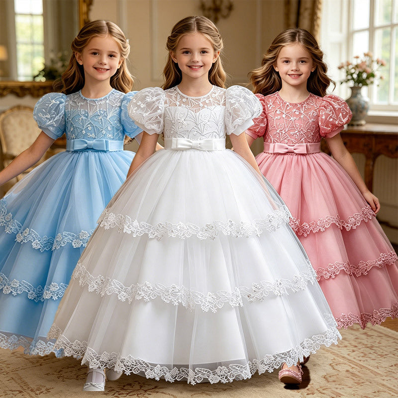new arrival children's dress princess dress girl long dress short sleeve mesh tutu skirt lace costume in stock