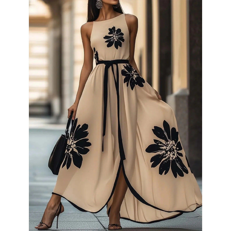 Amazon european style elegant floral print round neck long sleeveless dress - new summer collection