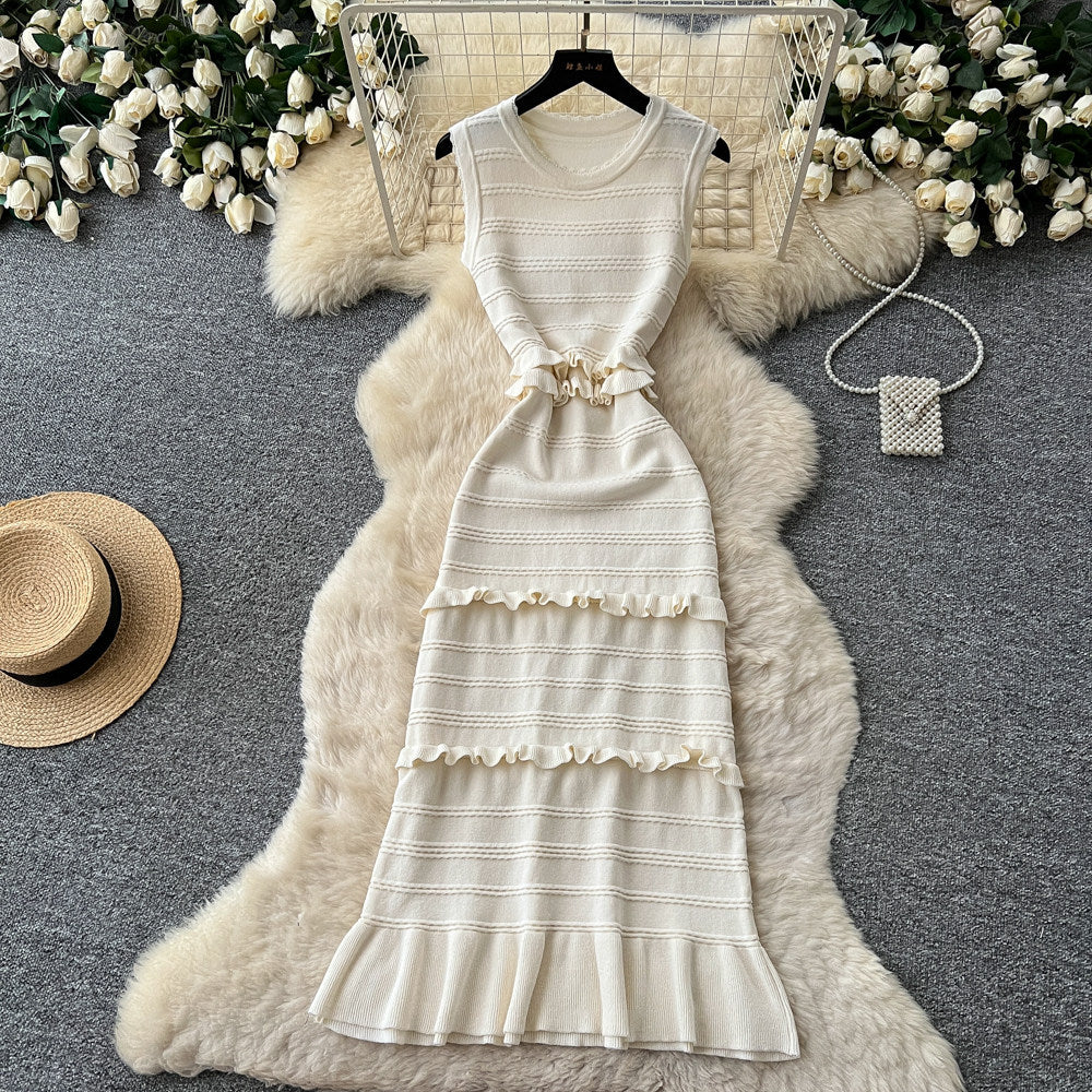 Qianjin wind sleeveless knittingelegantdress women's summer k-style round neck ruffles waist slimmingelegant long skirt