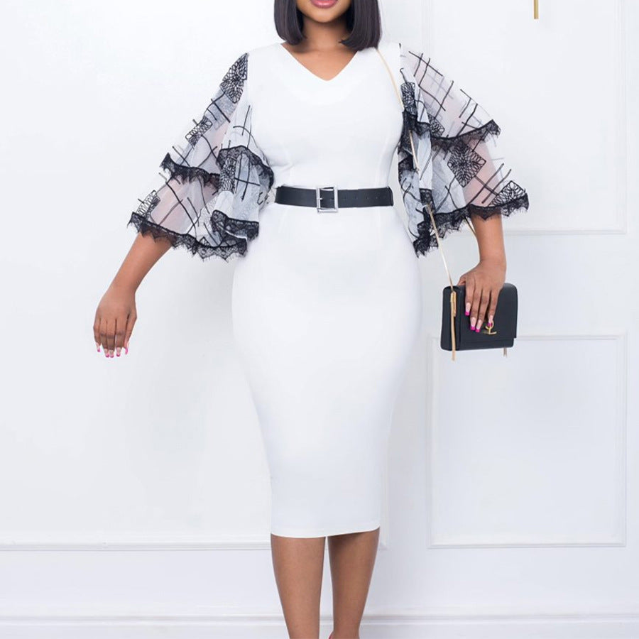 D301 cross-border women's fashion  new v-neck flared sleeve bodycon pencil skirt - office commute style, european & american dress