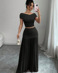 European and american cross-border women's fashion:  summer new arrival - solid color off-the-shoulder top with cinched waist pleated panel skirt two-piece set