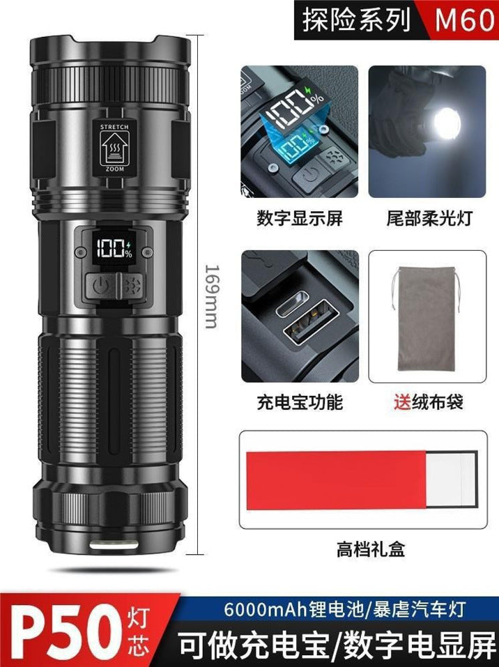 Douyin explosion strong light long-range shooting Jia Guang digital display led flashlight, outdoor super bright charging flashlight laser light wholesale