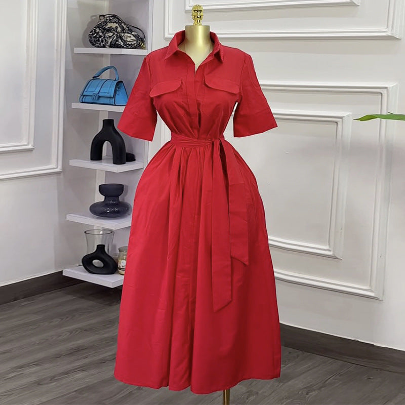 European and american cross-border women's fashion:  spring new arrival - elegant and stylish solid color turn-down collar tie-waist short sleeve shirt dress