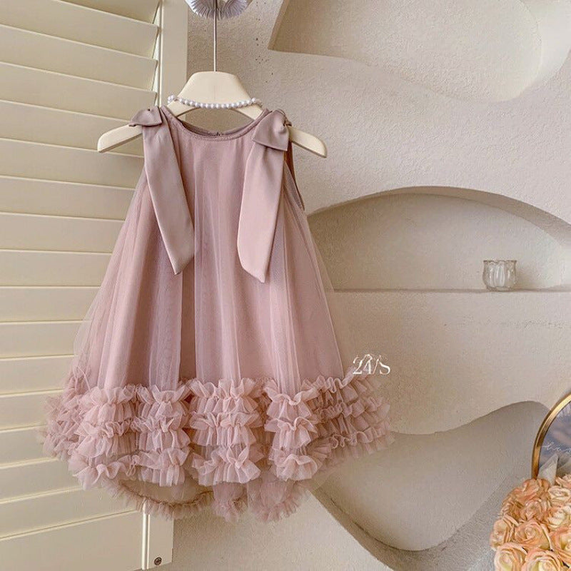 Girls' summer dress : stylish new children's bowknot mesh princess dress, baby sleeveless formal gown