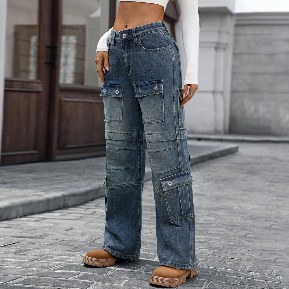 European and american cross-border women's spring/autumn new arrivals:  independent store washed heavy-duty multi-pocket denim cargo pants for women