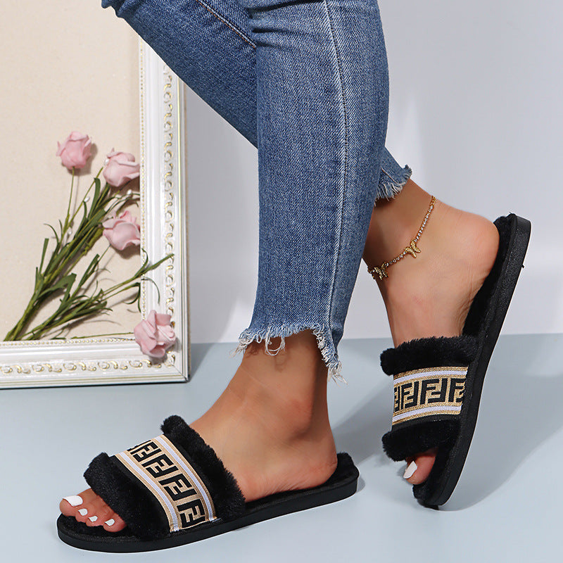 furry slippers for women amazon exportplus size flat heel heattech flip-flops for women popular graffiti furry shoes