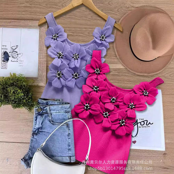 WMMO0002  popular, European and American three-dimensional flower hot diamond bubble bead sleeveless vest