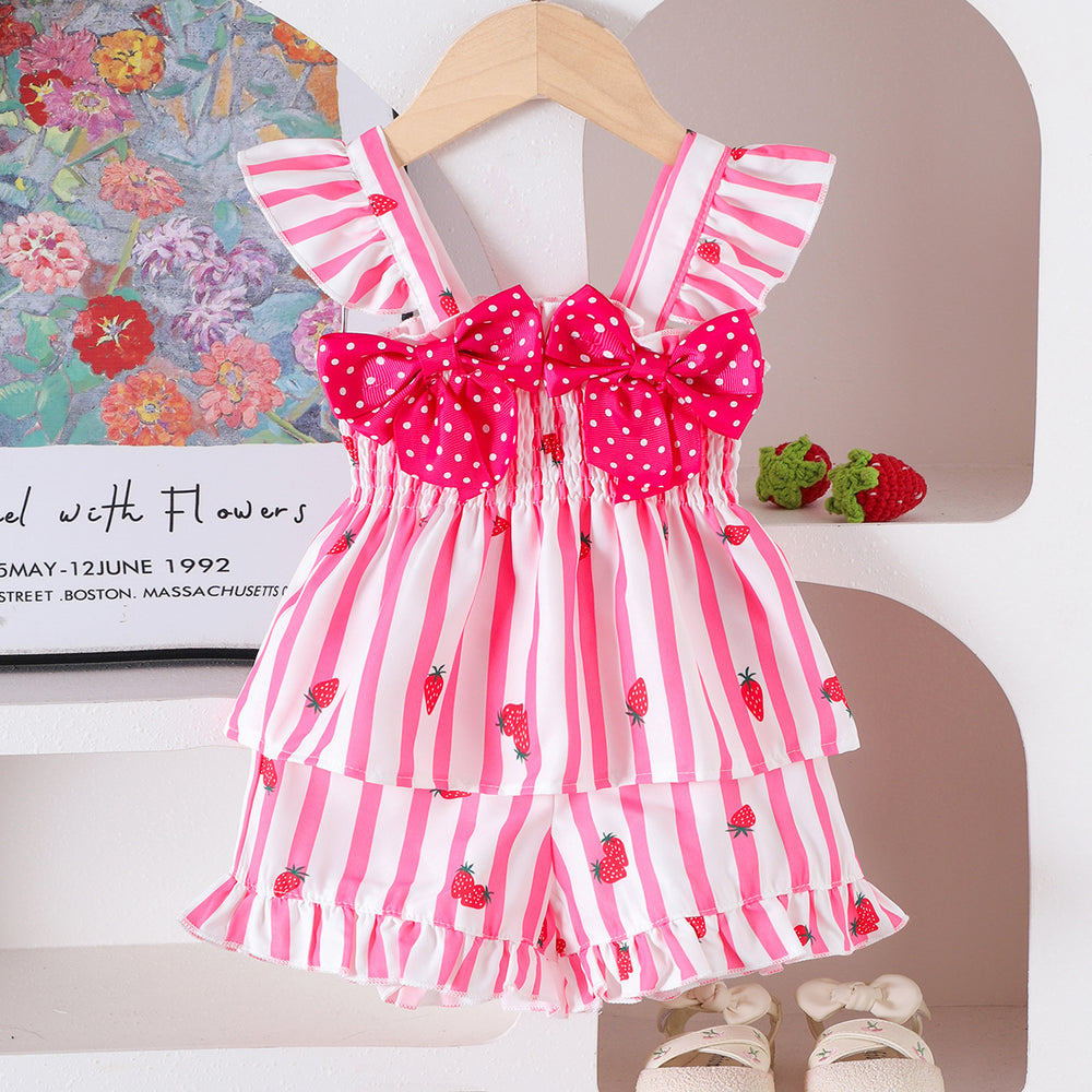 Baby cute style summer outfit: double-layer flutter sleeve top with double bows & elastic waist strawberry shorts set for toddlers
