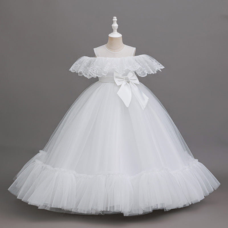 girls' off-the-shoulder lace patchwork long mesh princess dress - ready stock wholesale flower girl dress