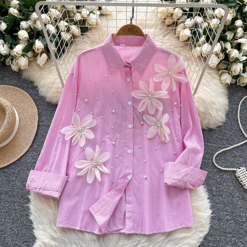 European and american style striped long-sleeve shirt for women - summer, 3d floral appliqué, diamond embellished, loose fit, mature & chic, boss lady top