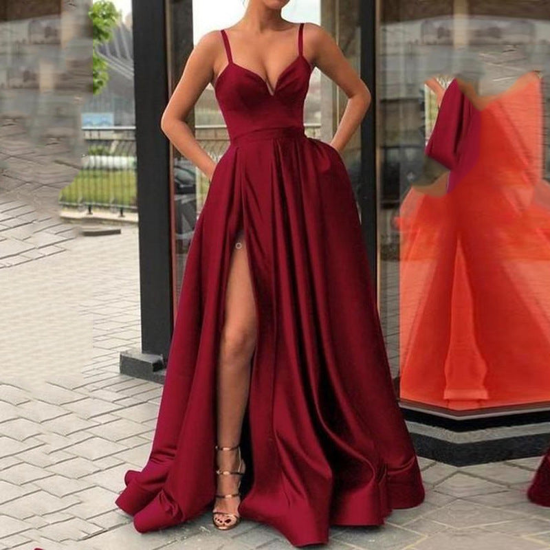 new cross-border spring  fashion dress slimming look color suspender tail banquet satin dress