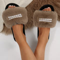 Exportnew arrival pearl chain large fur flats slippers women's fashion flip-flops home open cotton slippers cross-border
