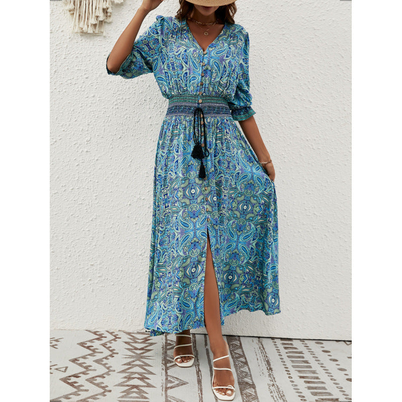 Real shot rayon fixed slotprinting three-quarter sleeve waist bohemiadress travel and vacation buttoned beach dress
