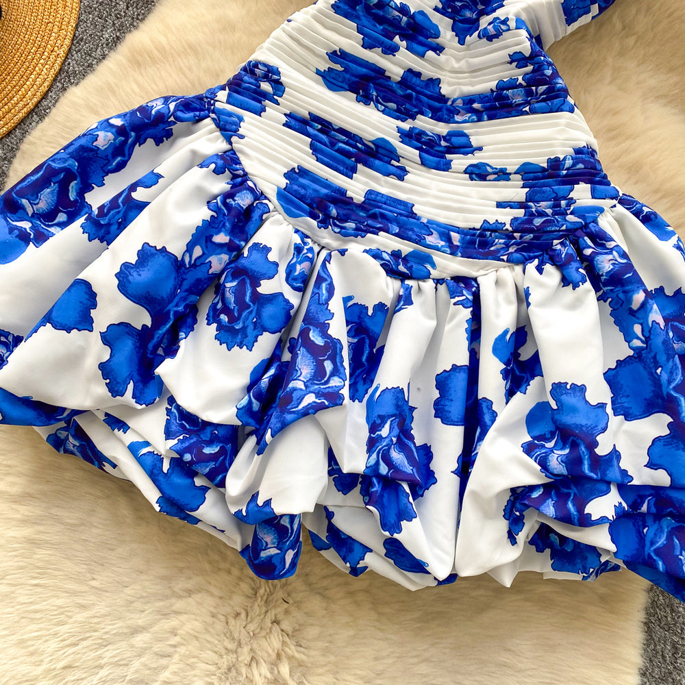 French holiday style one shoulder tube top puffy skirt women's clothing niche style pleated elastic off-shoulder hem ruffles skirt
