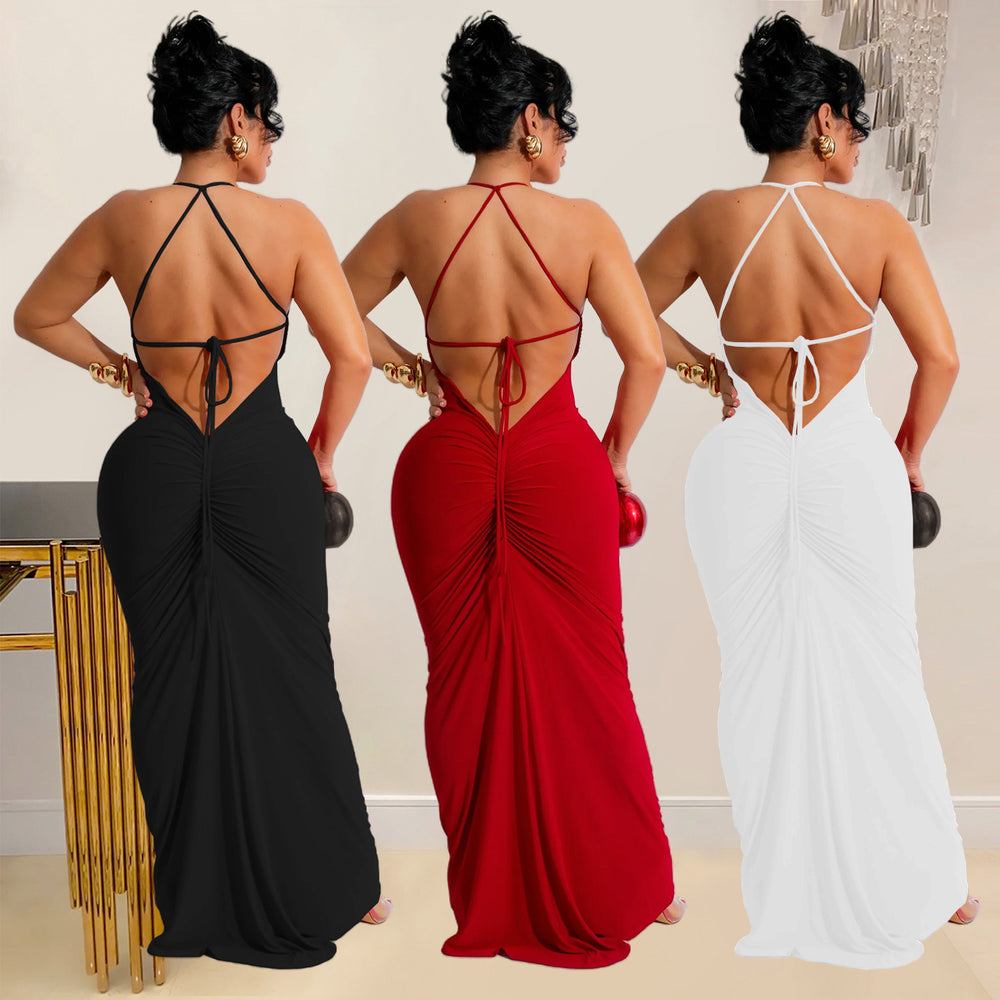 C7116 cross-border   fashion women's sexy slim-fit camisole v-neck backless dress