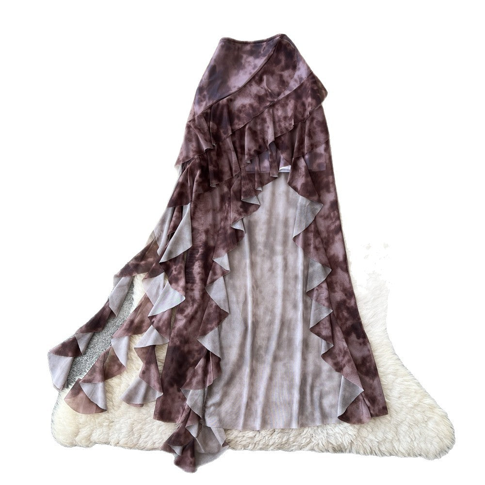 K-style tie-dye ruffles a-line skirt for women summerhigh waistslimming lookasymmetricalelegant mid-length skirtwork clothing