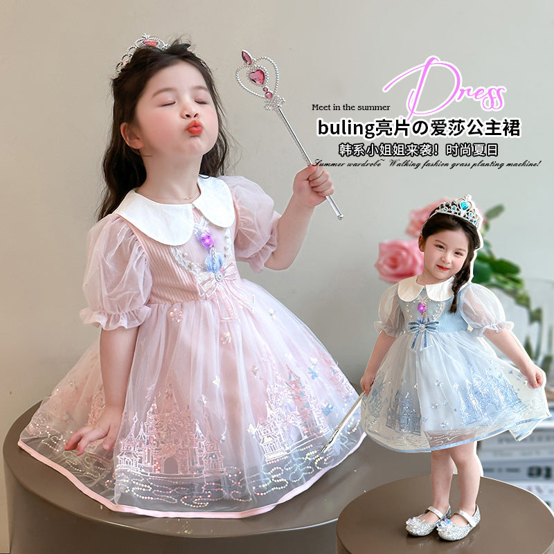 Girls' summer dress - stylish bubble sleeve mesh princess dress - frozen elsa style for little girls