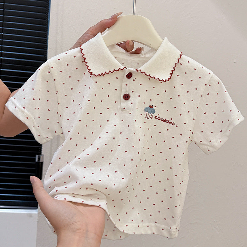Summer new korean style girls' all-over print heart & dot t-shirt top - stylish & trendy kids' clothing for baby girls