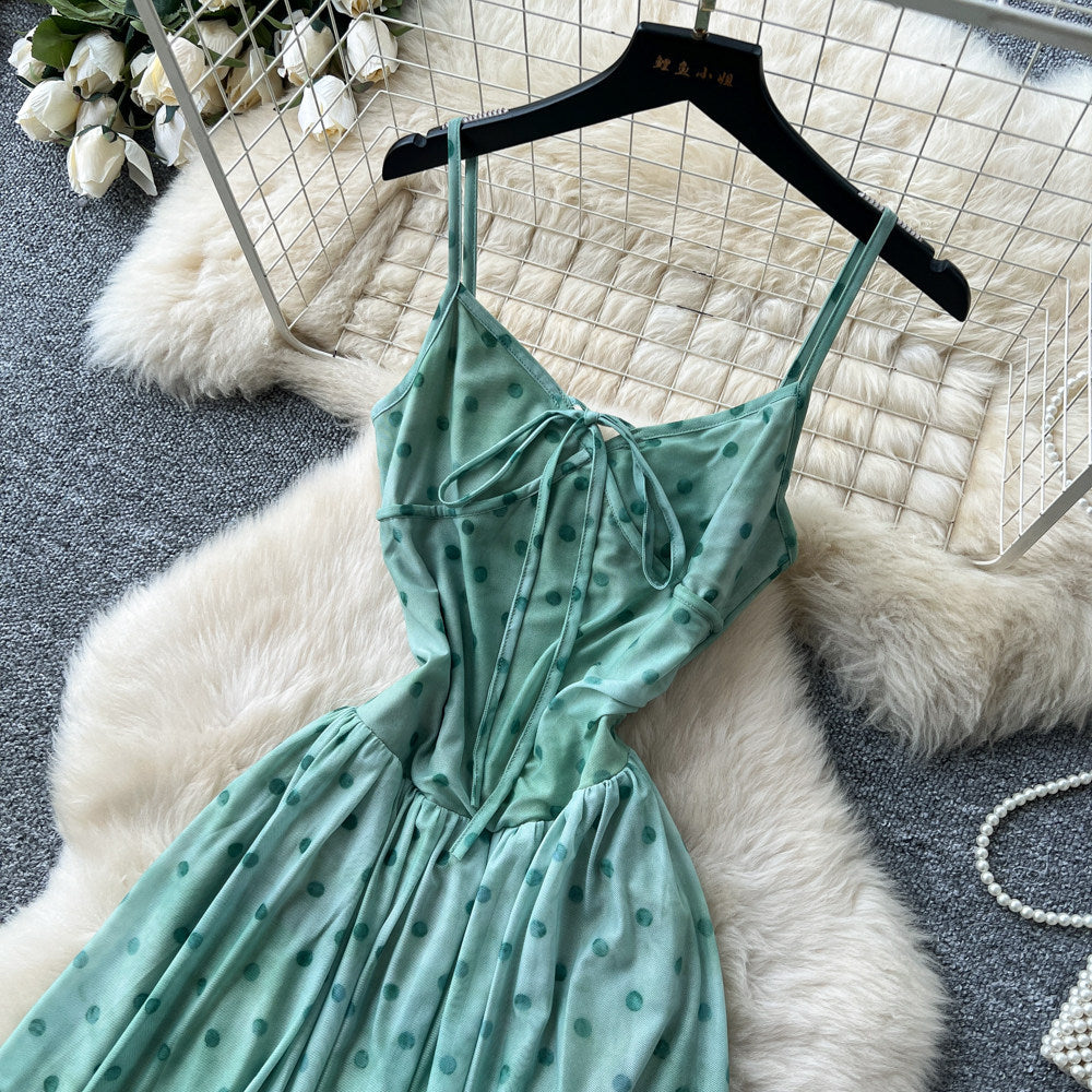 French riviera style green polka dot cami dress - women's summer versatile high-waisted slimming elegant maxi dress