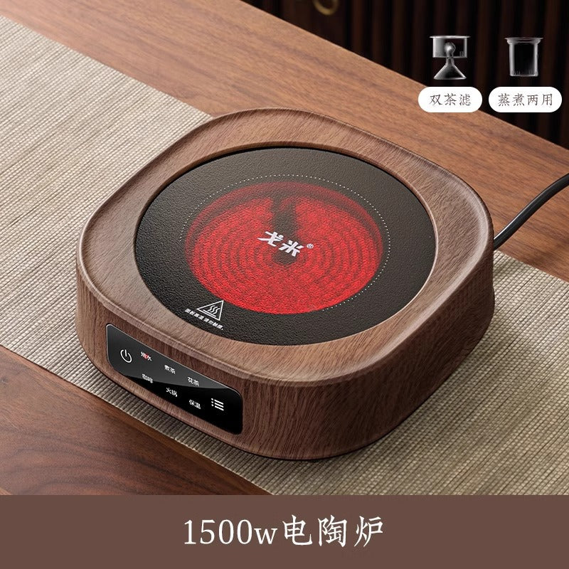 A complete set of wood grain electric ceramic stoves for making tea around the stove, a set of glass teapots for making tea around the stove, and an electric stove