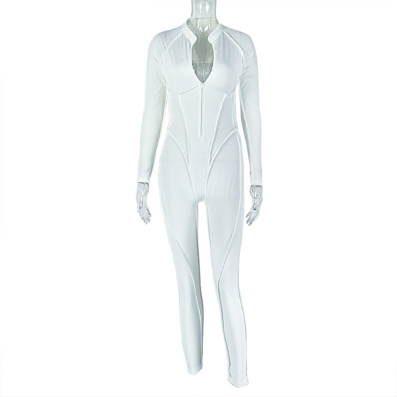 European and american style ins foreign trade casual commute bodycon jumpsuit cutout backless v-neck bodysuit solid color activewear women's clothing