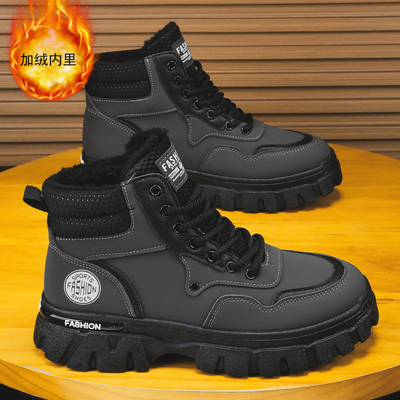 Winter men's boots: men's martin boots, fleece-lined warm high-top trendy versatile work boots, non-slip wear-resistant thick-soled boots