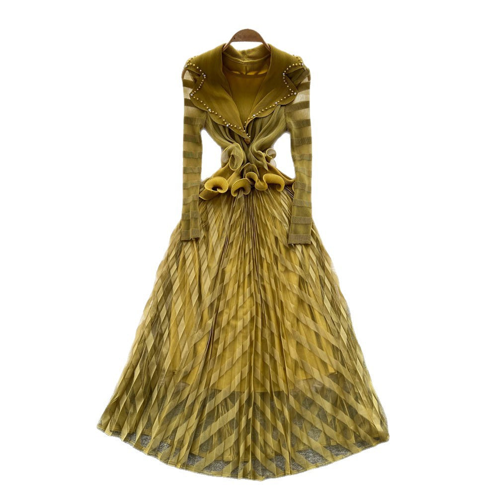 European and american fashion high-end elegant heavy beaded suit collar long sleeve cinched waist ruffle trim mesh panel dress for women