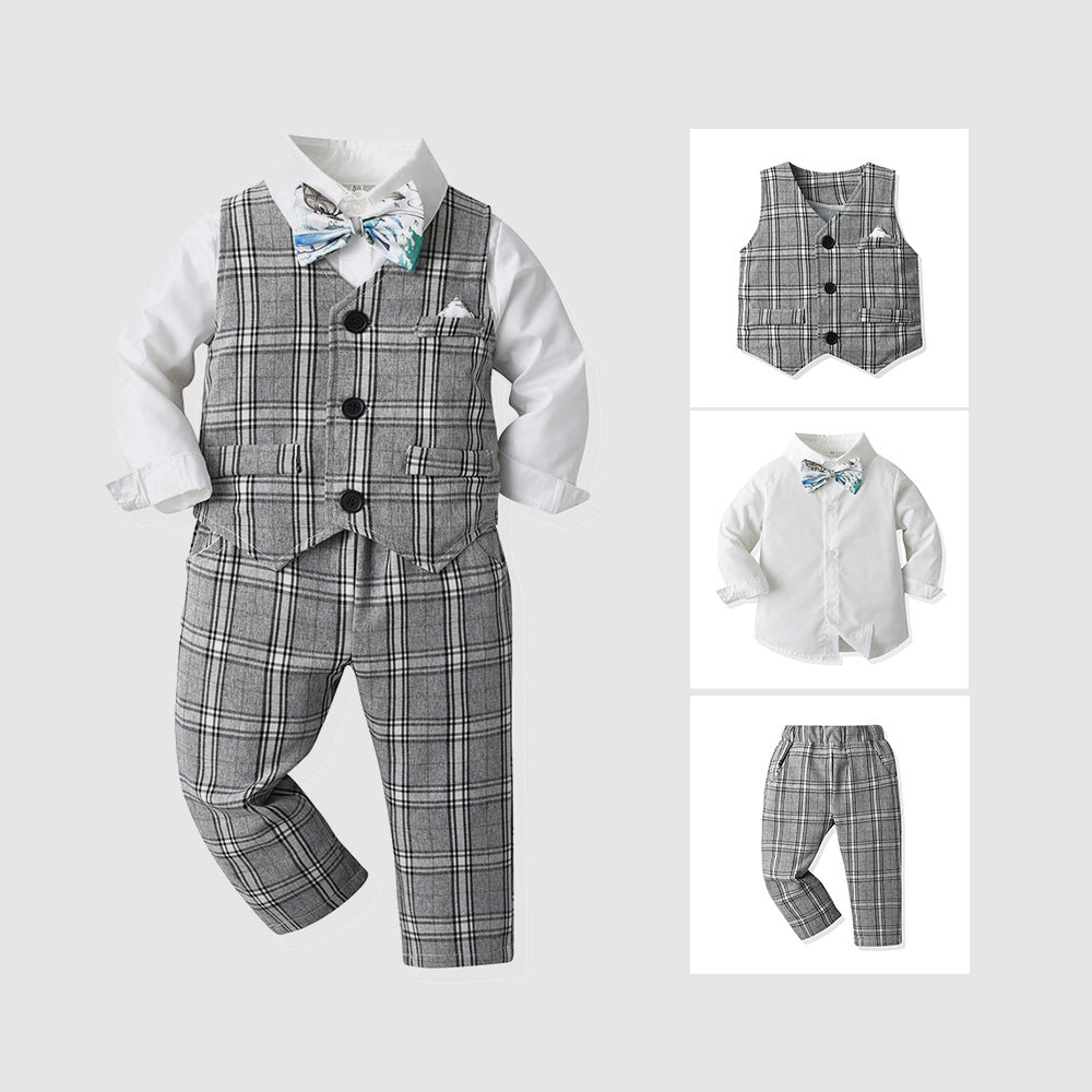 New boys' stylish british plaid vest suit three-piece set - autumn outfit for boys, perfect for baby's birthday party