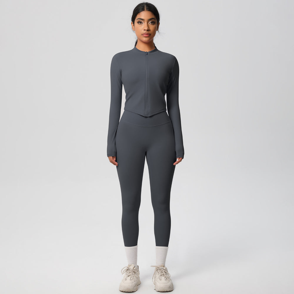 European and american quick-dry seamless zip-up workout set: high-waisted, butt-lifting yoga pants for women, perfect for outdoor running and fitness