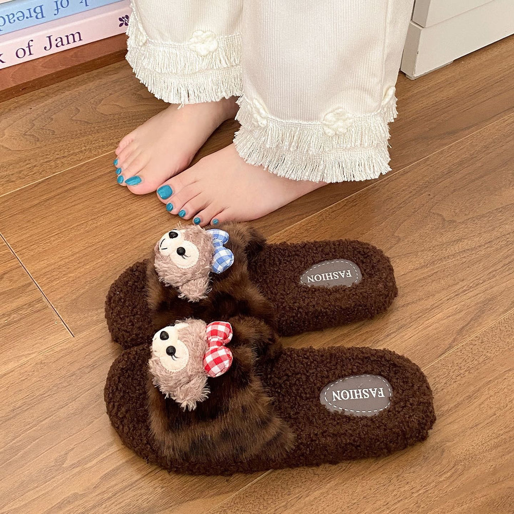 2025 new cute cartoon shirley rose leopard print fuzzy slippers women's autumn/winter outdoor non-slip soft sole closed-toe cotton slippers