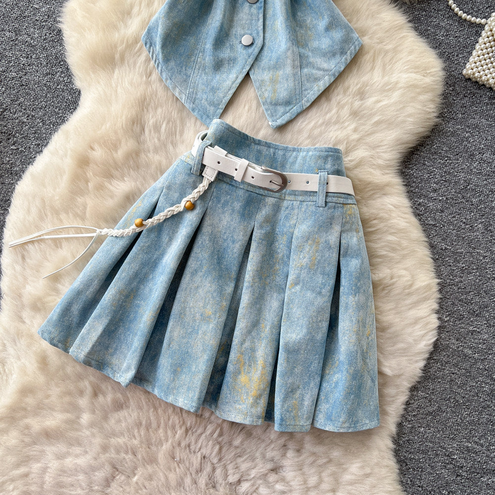 Korean style commute v-neck sleeveless denim vest two-piece set - women's summer slimming belted outfit