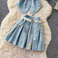 Korean style commute v-neck sleeveless denim vest two-piece set - women's summer slimming belted outfit