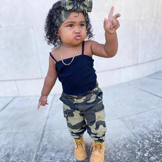 2020fashion style cross-border children's clothing pure color suspender chest-length pit strip tops camouflage pants two-piece setexport exclusive