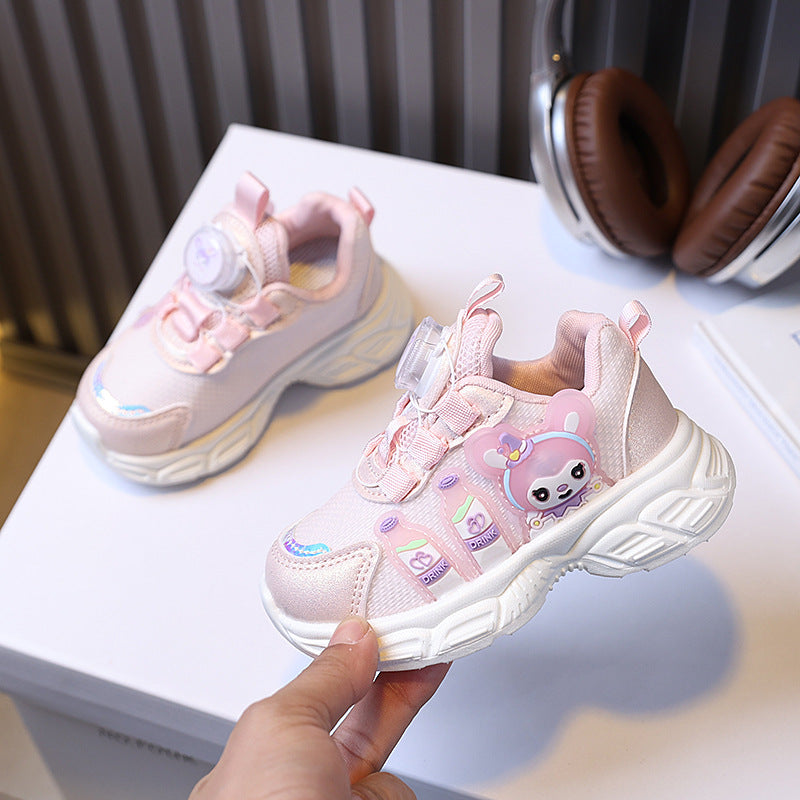 Girls' spring new collection: kids' chunky sneakers with swivel buckle, cartoon design, light-up detail, soft sole, and breathable running shoes